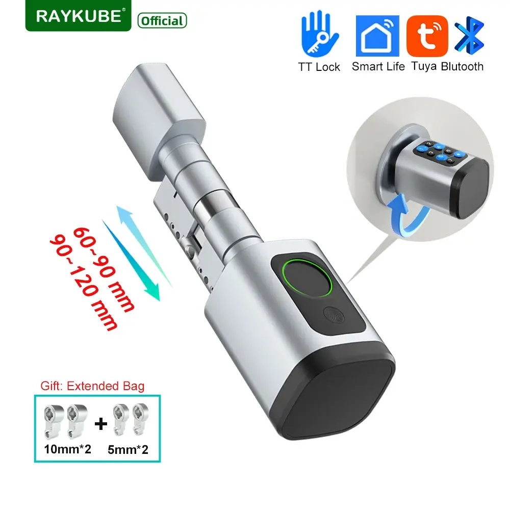 RAYKUBE V1 Fechadura TT Ajustável/Tuya Bluetooth Fechadura de Cilindro Digital Inteligente com Impressão Digital com APP/Senha/Cartão RFID/Desbloqueio de Chave - 1