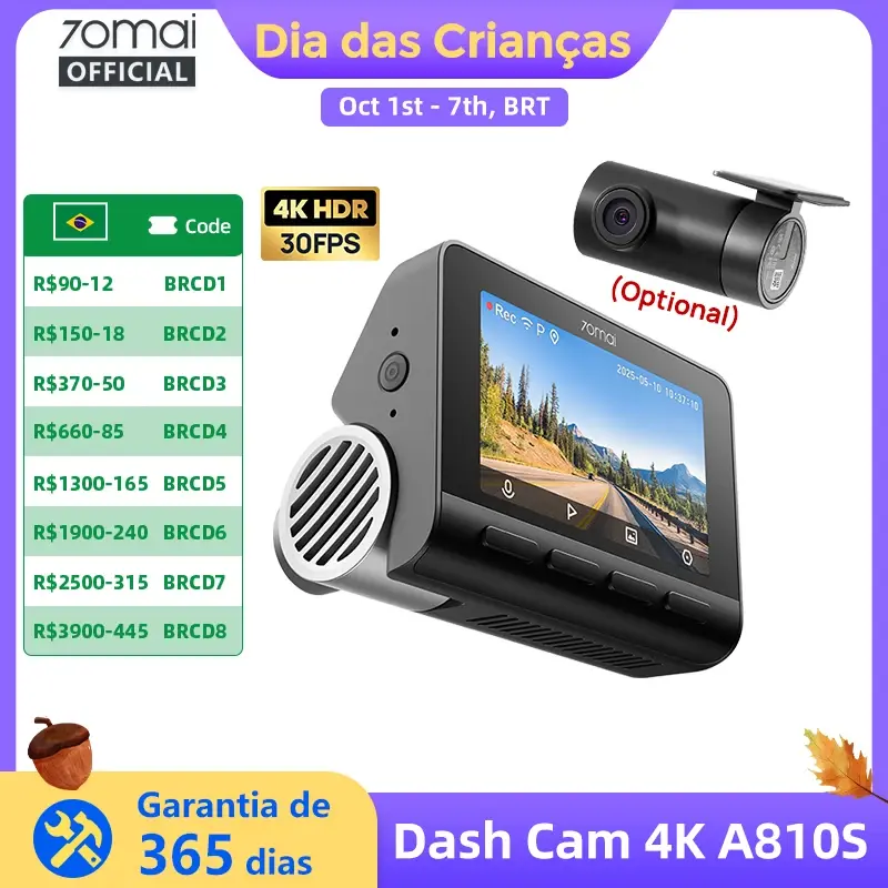 Câmera Veicular 70mai A810S 4K HDR GPS ADAS com Gravação Automática, Detecção de Movimento de Canal Duplo, Suporte 4G LTE, DVR Automotivo 70mai A810S Versão Global - 1