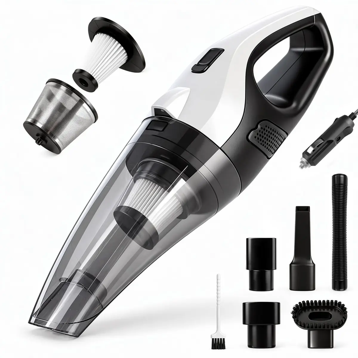 Aspirador de Pó Automotivo 12V 6000Pa 120W com LED e Cabo 4 m | Filtro metálico lavável; bico para frestas, escova e mangueira flexível; bancos, painel, cantos e porta-malas