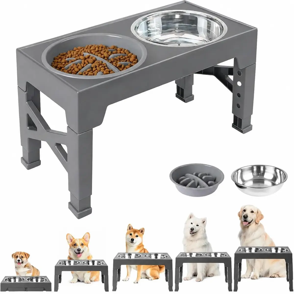 Comedouro Elevado para Cães com Comedouro Lento, 5 Níveis Ajustáveis de Altura com 2 Tigelas, Vasilha para Cachorros com Tigela Anti Engasgo para Filhotes, Adultos e Cães de Médio e Grande Porte