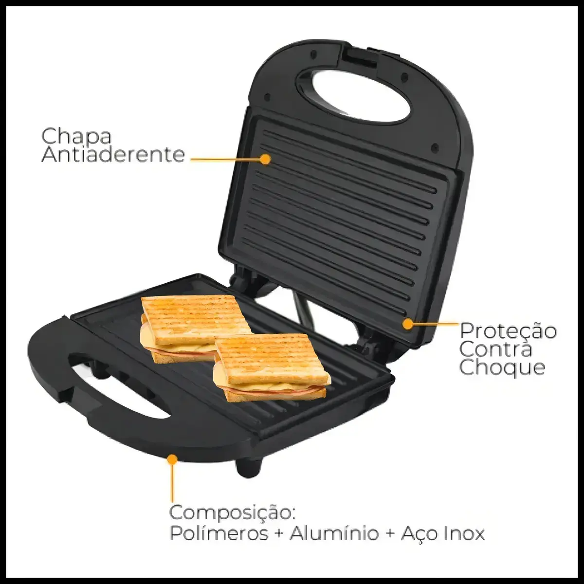 Sanduicheira Grill 2 Em 1 Kian Preta Elétrica 750w Cor Preto,Seu Mixto Quente Ultra Rápido, e Outros Petiscos thumbnail 7