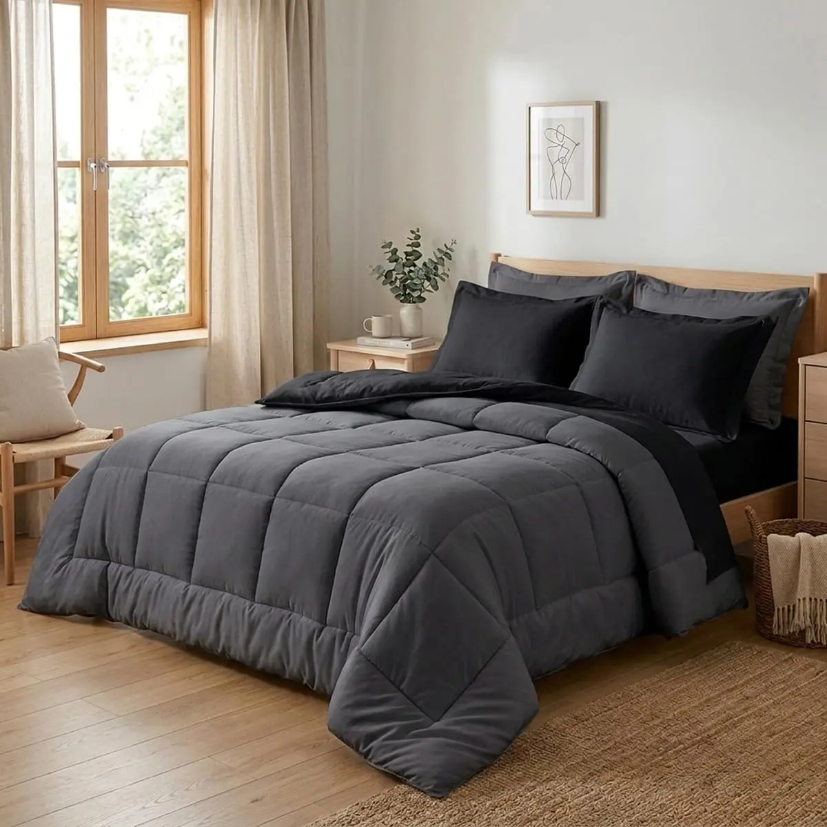 Casa Dona Jogo de Edredom e Roupa de Cama 6 Peças Dupla Face, Casal Queen, Preto e Cinza - 1