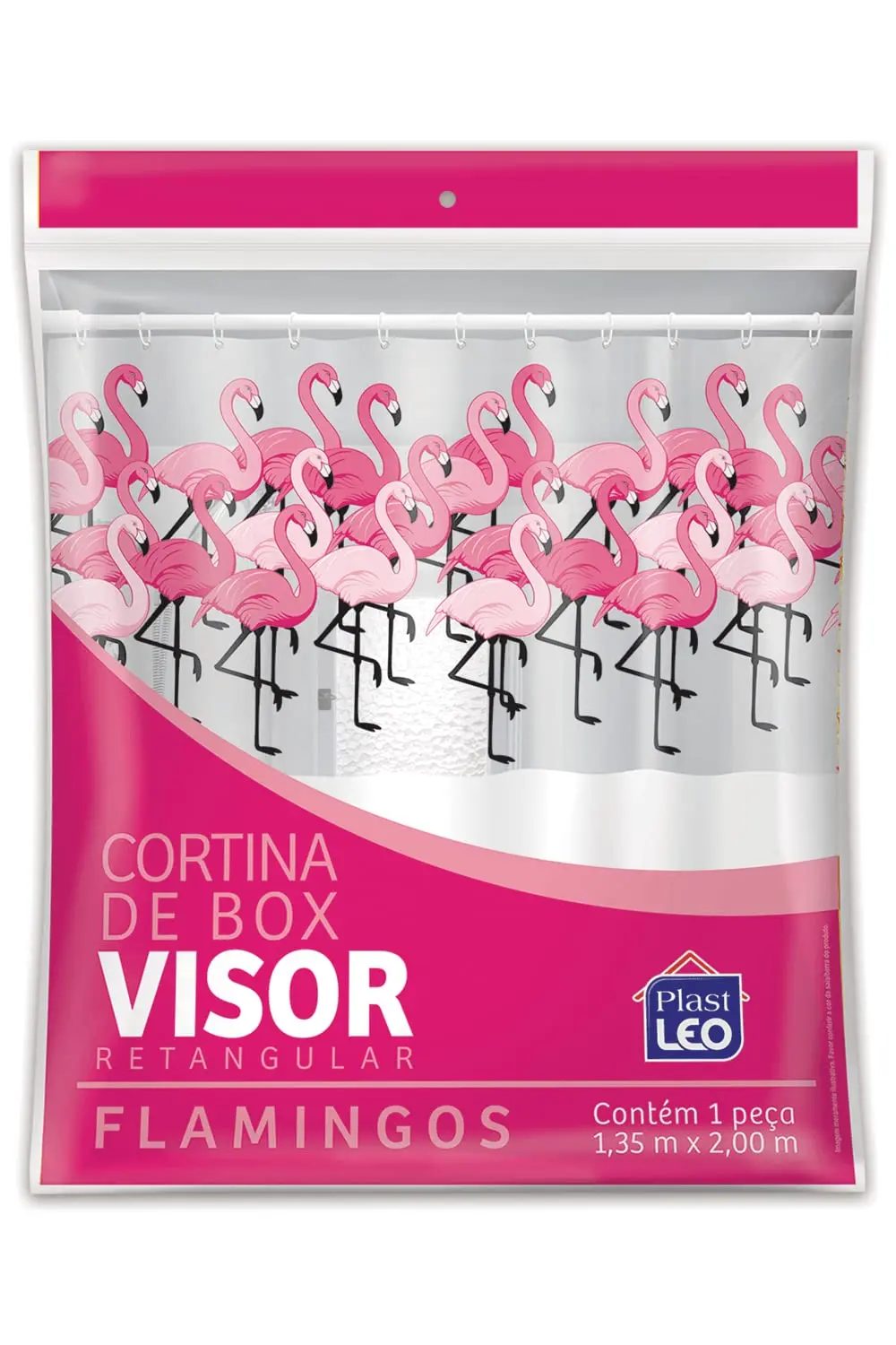 Cortina para Box Visor Flamingos (1,35x2,00m) | Plast Leo (Ref.: 620-I), Branco com Visor Estampado - Flamingos - 1
