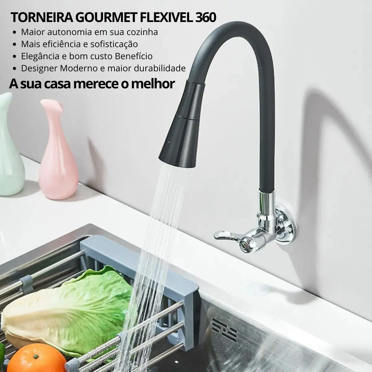 Torneira Gourmet Luxo Flexível Cozinha Parede 2 Jatos Pia Metal Cor Aço Inox e Preto- Marca Camperluz thumbnail 2