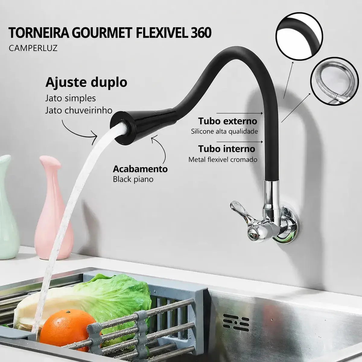Torneira Gourmet Luxo Flexível Cozinha Parede 2 Jatos Pia Metal Cor Aço Inox e Preto- Marca Camperluz thumbnail 3