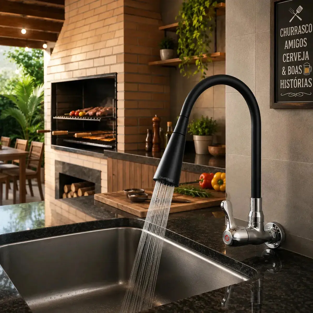 Torneira Gourmet Luxo Flexível Cozinha Parede 2 Jatos Pia Metal Cor Aço Inox e Preto- Marca Camperluz thumbnail 5