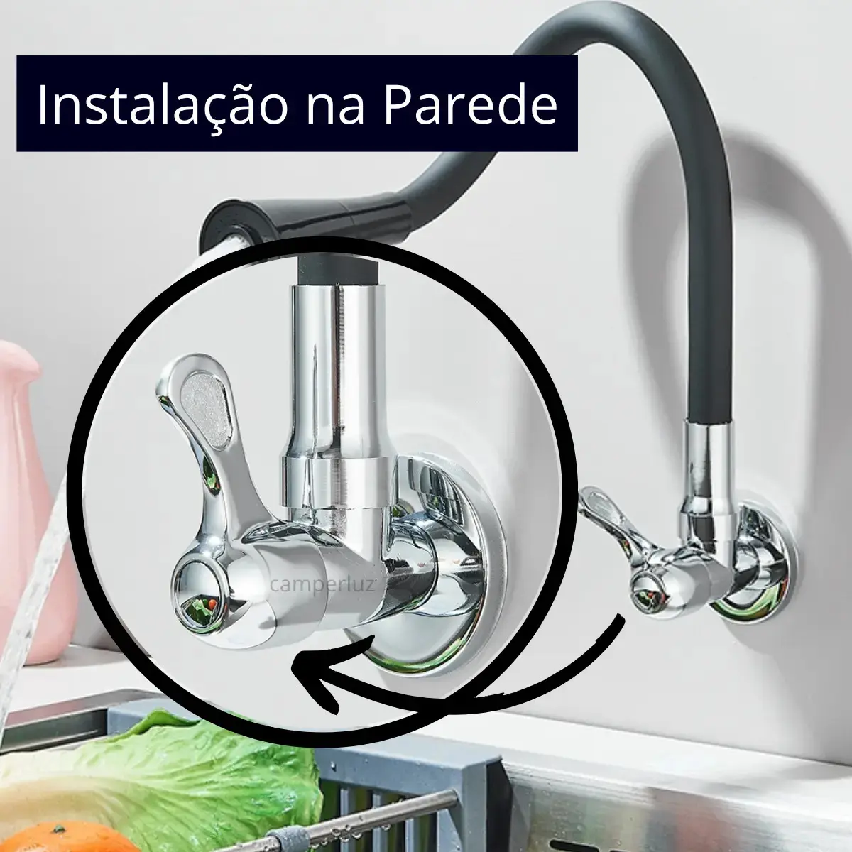 Torneira Gourmet Luxo Flexível Cozinha Parede 2 Jatos Pia Metal Cor Aço Inox e Preto- Marca Camperluz thumbnail 6