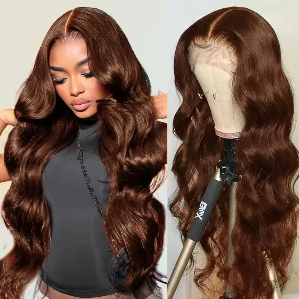 13x6 chocolate marrom hd frente do laço perucas de cabelo humano onda do corpo peruca de cabelo humano 46 Polegada 200 densidade colorido perucas de cabelo humano para mulher - 1