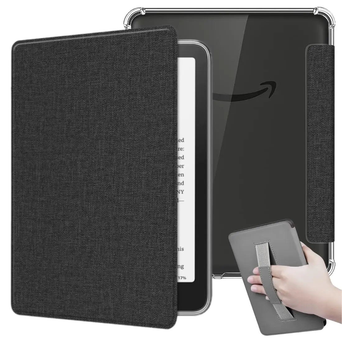 DECART Capa para Kindle Paperwhite 12ª Geração e Kindle Colorsoft - Preto | Modelos (SA569P, SA568B, SA58CB, SA59CP) Tampa de Tecido, Fundo Transparente, Com Alça, Auto Hibernação, Fechamento Magnético