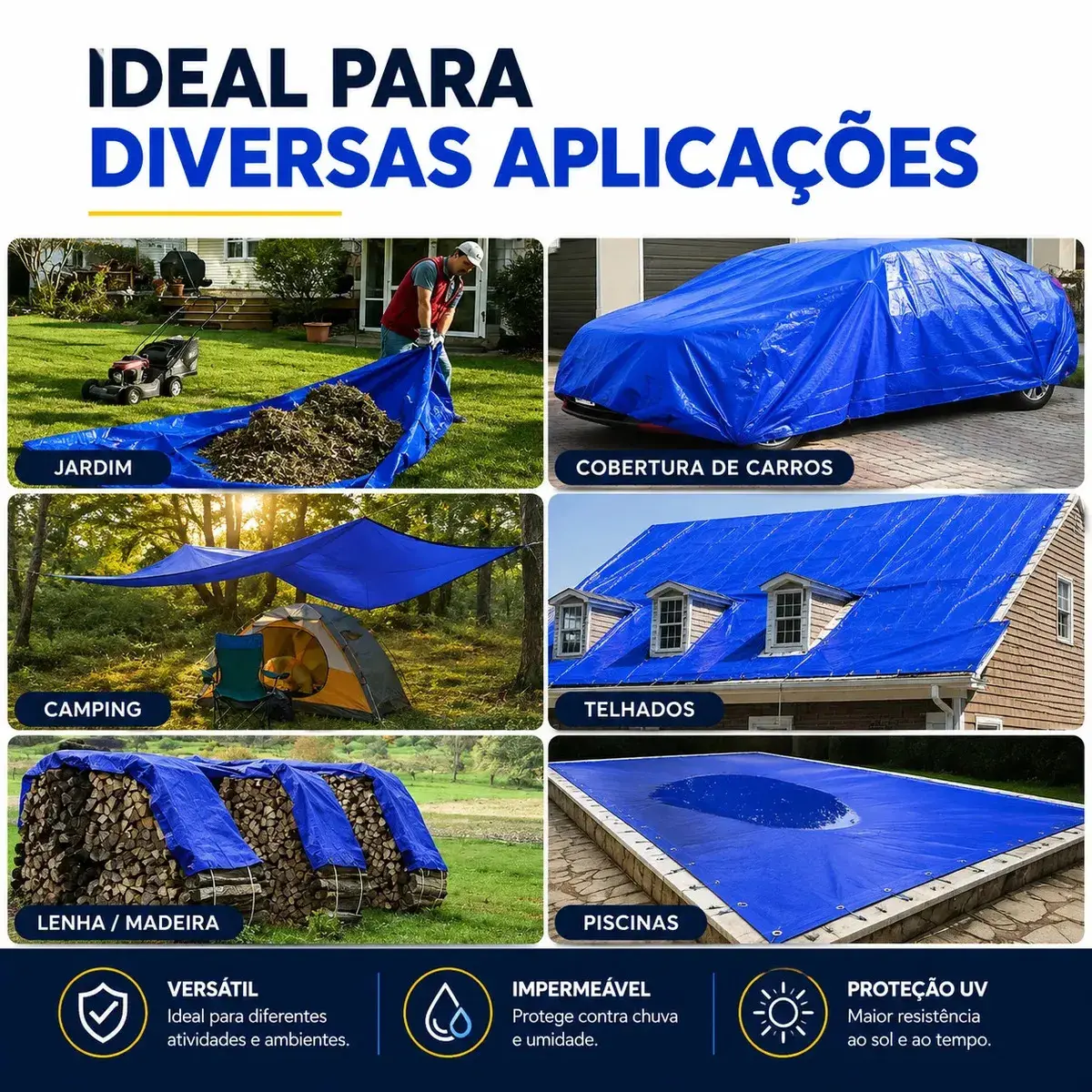 Lona Plástica Azul 4x3 Impermeável Reforçada Multiuso Cobertura Piscina Telhado Camping Com Ilhós Proteção UV Lonas Online thumbnail 5