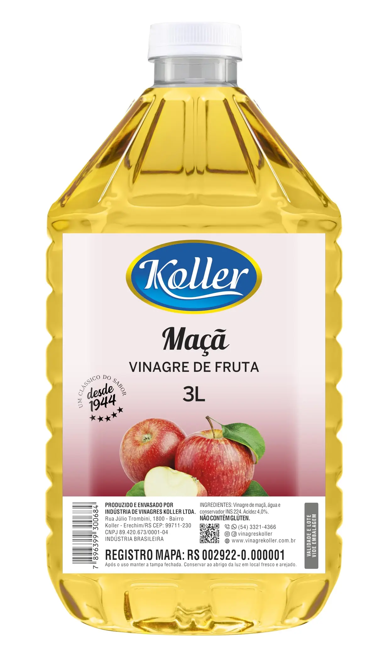 Koller Vinagre de Fruta Maçã, 3L, Acidez 4,2%, Rico em Polifenóis, Sem Glúten, Ideal para Saladas e Molhos