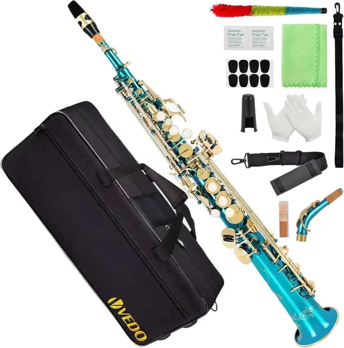 VEDO Saxofone Soprano Em Si bemol (Bb), Instrumento De Tubo Reto, Campana Integrado, Adequado Para Iniciantes e MúSicos NíVel IntermediáRio, Orquestra, Inclui Todos Os Acessórios, Azul Claro - 1