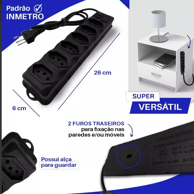 Régua Extensão Elétrica 6 Tomadas Filtro Linha 10a Cabo 2 Metros thumbnail 3