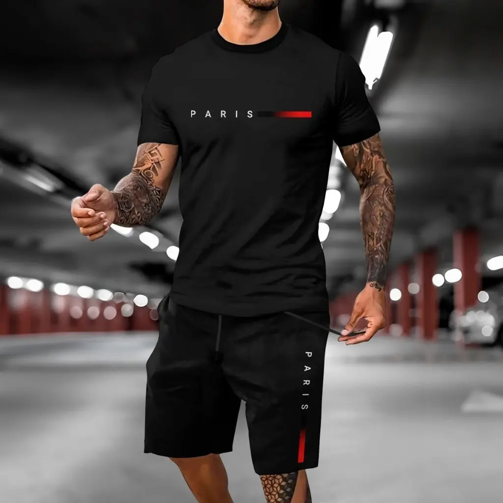 Kit Bermuda Short Mole + Camiseta PRETA PARIS MINIMALIST kit Basico Algodão Malha Premium - 1