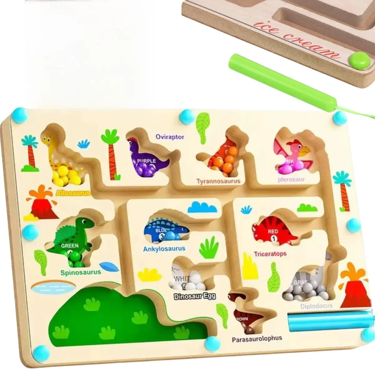 Labirinto Magnético Infantil Dinossauros Montessori, Jogo Educativo e Pedagógico de Madeira com Imã, Brinquedo de Coordenação Motora para Crianças 3+ Anos - 1