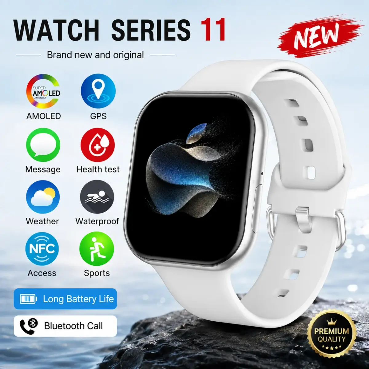 Novo Relógio Inteligente iOS Série 11, Ultra HD AMOLED, Monitor de Frequência Cardíaca, GPS, IP68 à Prova d'Água, Esportivo, Fitness, Chamada Sem Fio, Pulseira Original