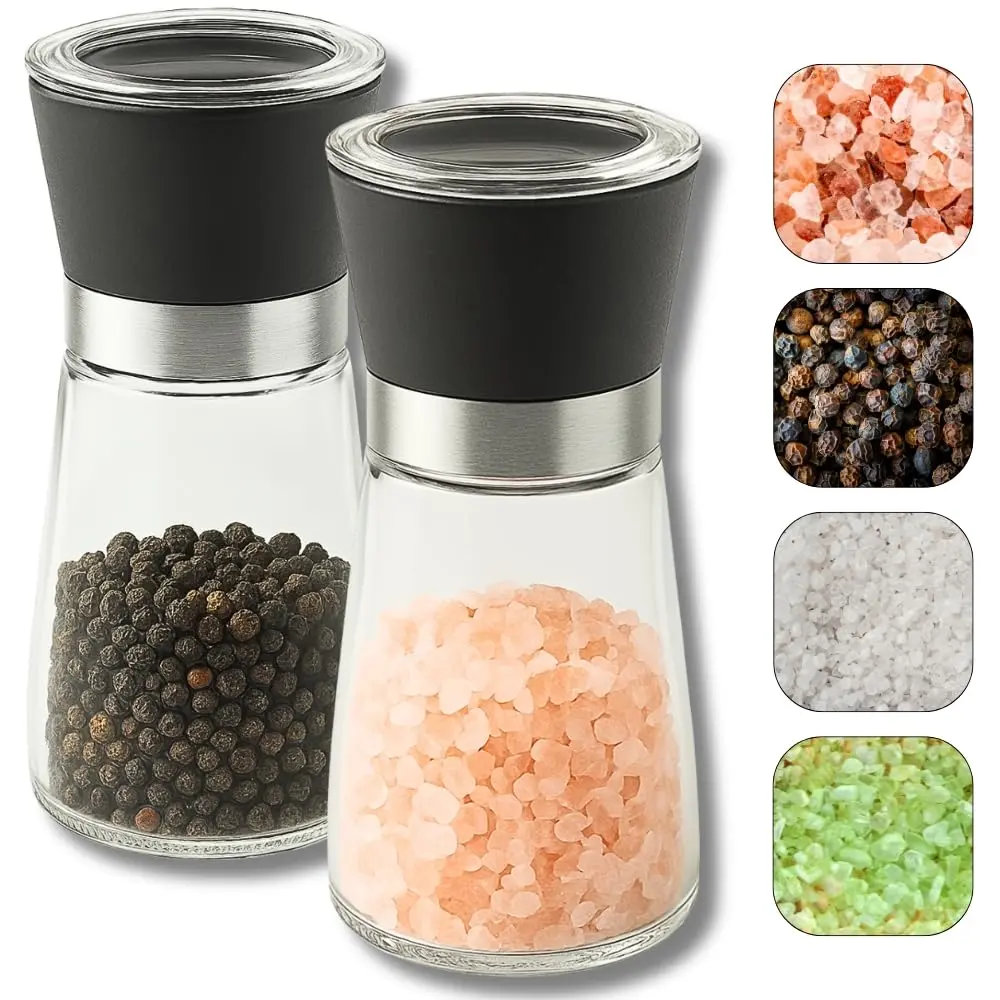 Kit 2 Moedores De Temperos Sal Grosso Pimenta Do Reino Vidro Com Tampa Preto KOALAECOM®