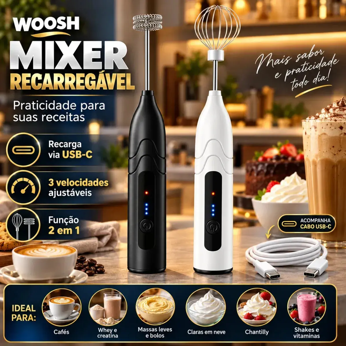 Mixer Misturador De Bebidas Elétrico 2 Em 1 Portátil Recarregável Mexedor De Ovos Leite Whey Café Espuma Shake Drinks Capuccino Suco Woosh - 1