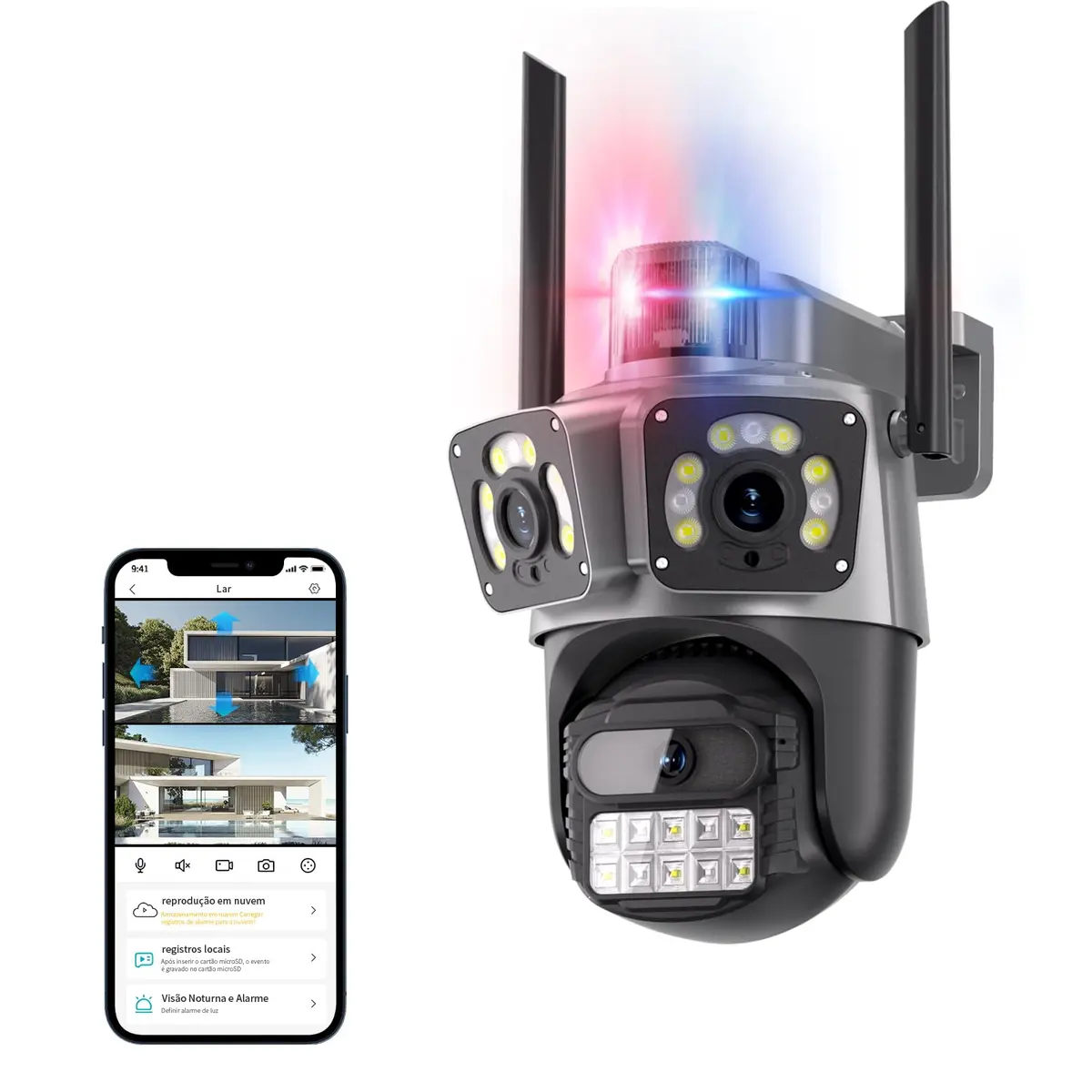 Câmera de Segurança WiFi Externa 2+2+2MP, Visão 355° + 90°, Dupla Lente Grande Angular, Detecção de Movimento, Áudio Bidirecional, Visão Noturna LED, IP66, Armazenamento em Nuvem e Cartão