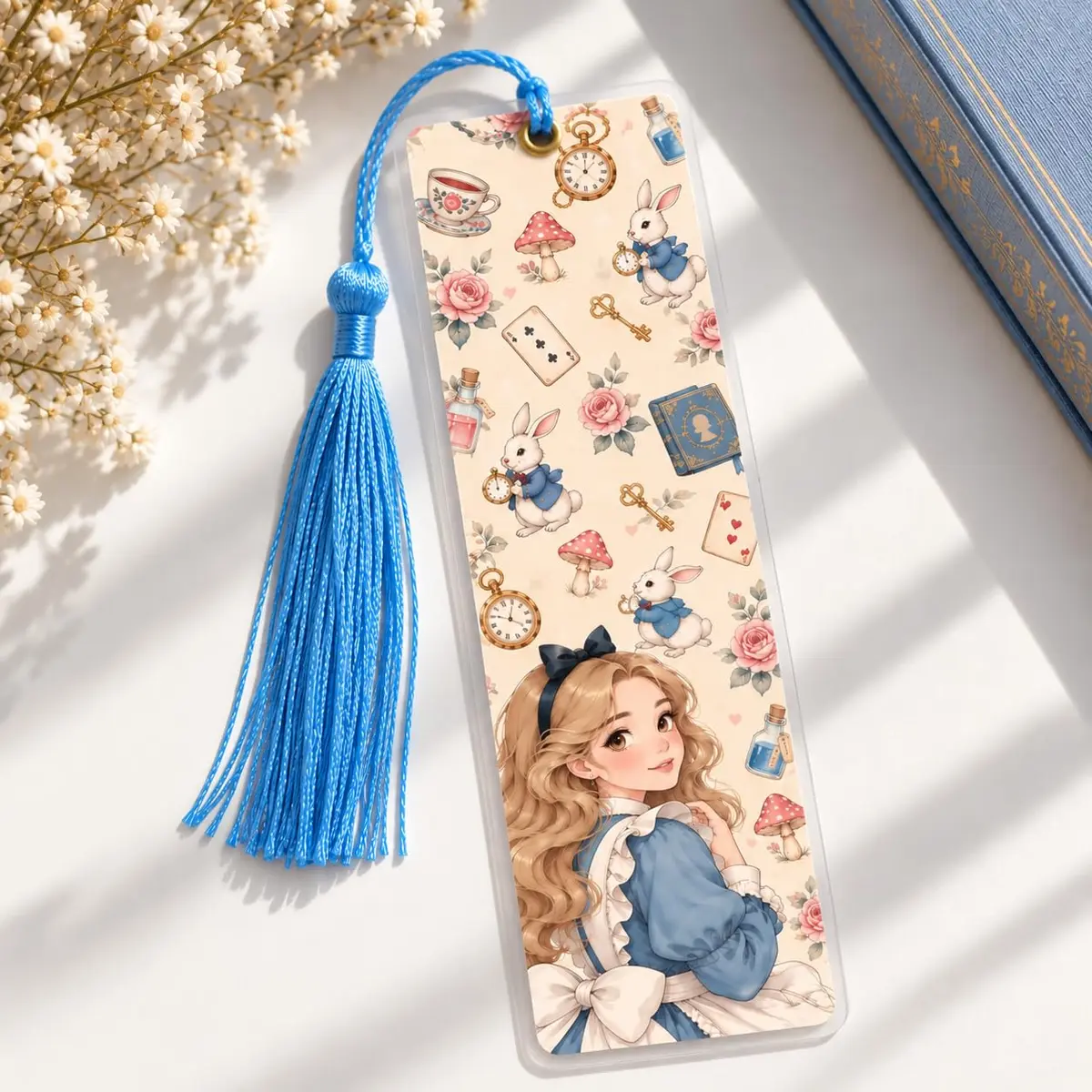 Marcador de Página Alice no País das Maravilhas Plastificado Resistente com Tassel – Marcador de Livro Literário para Leitores
