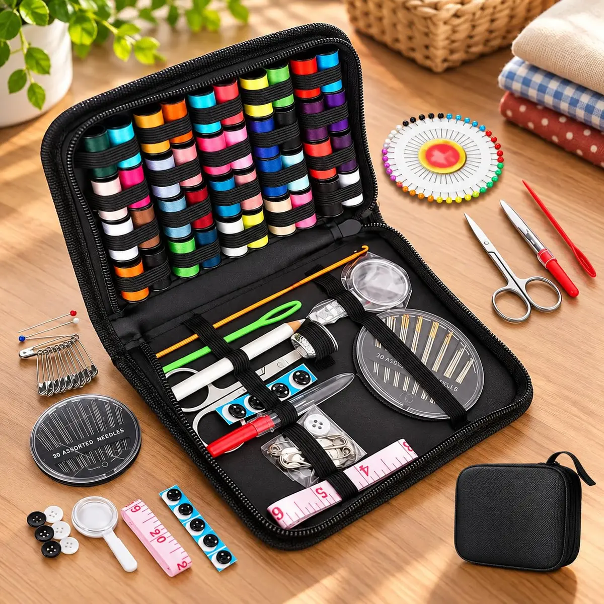 Kit de Costura com Estojo Preto, Linhas, Agulhas e Acessórios 126 Peças | Linhas de Costura, Agulhas Incluídas, Estojo Organizador, Para Reparos