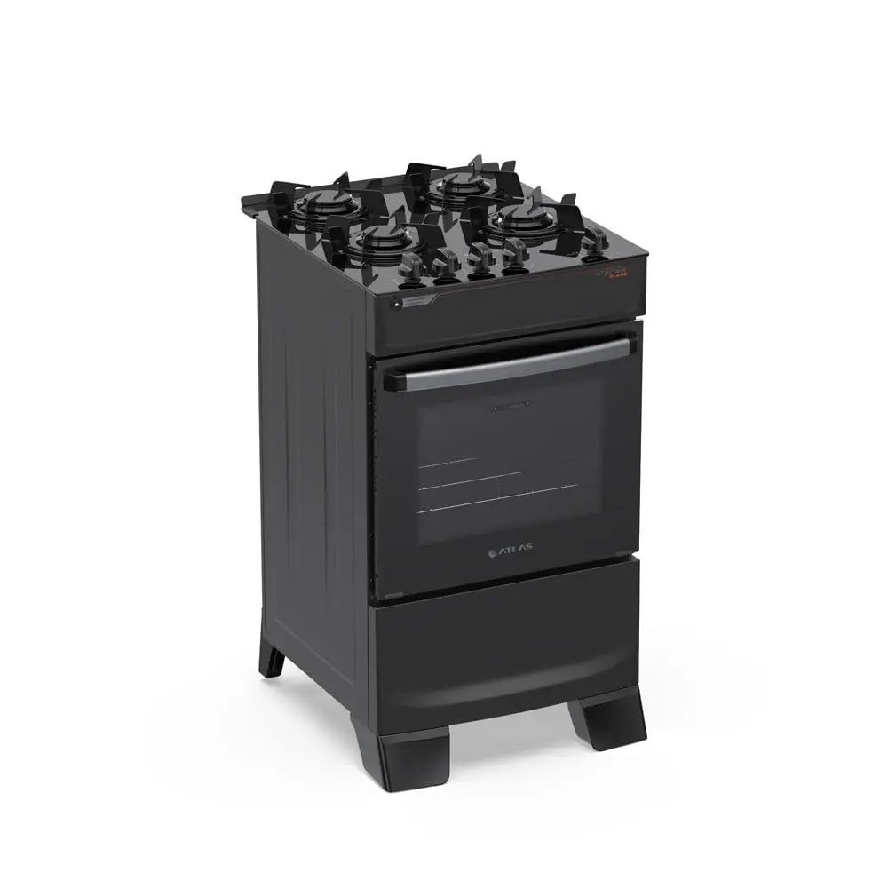Atlas Fogão 4 Bocas Atenas Glass de Piso Preto Bivolt 50 Litros | Mesa de Vidro Temperado, a Gás - 1