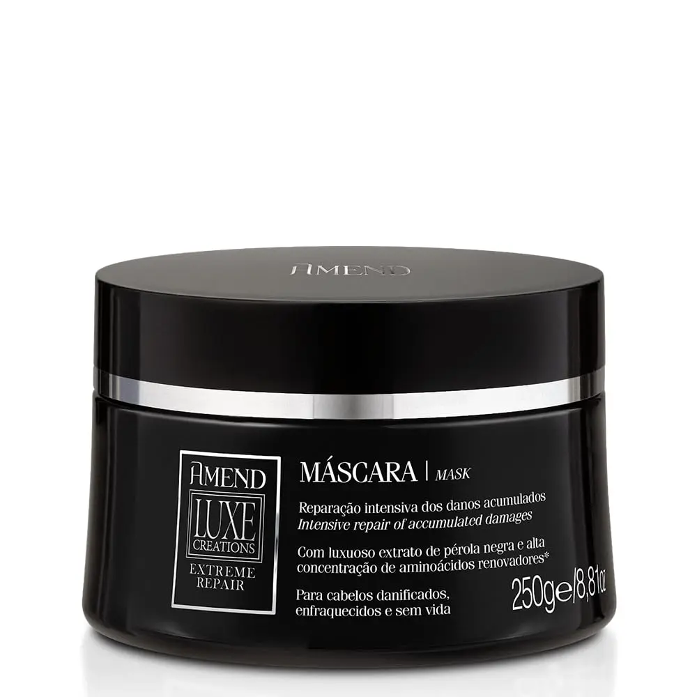 Máscara Reparadora com Extrato de Pérola Negra 250g | Amend Extreme Repair | Repõe a estrutura interna dos fios com pérola negra contra danos severos.