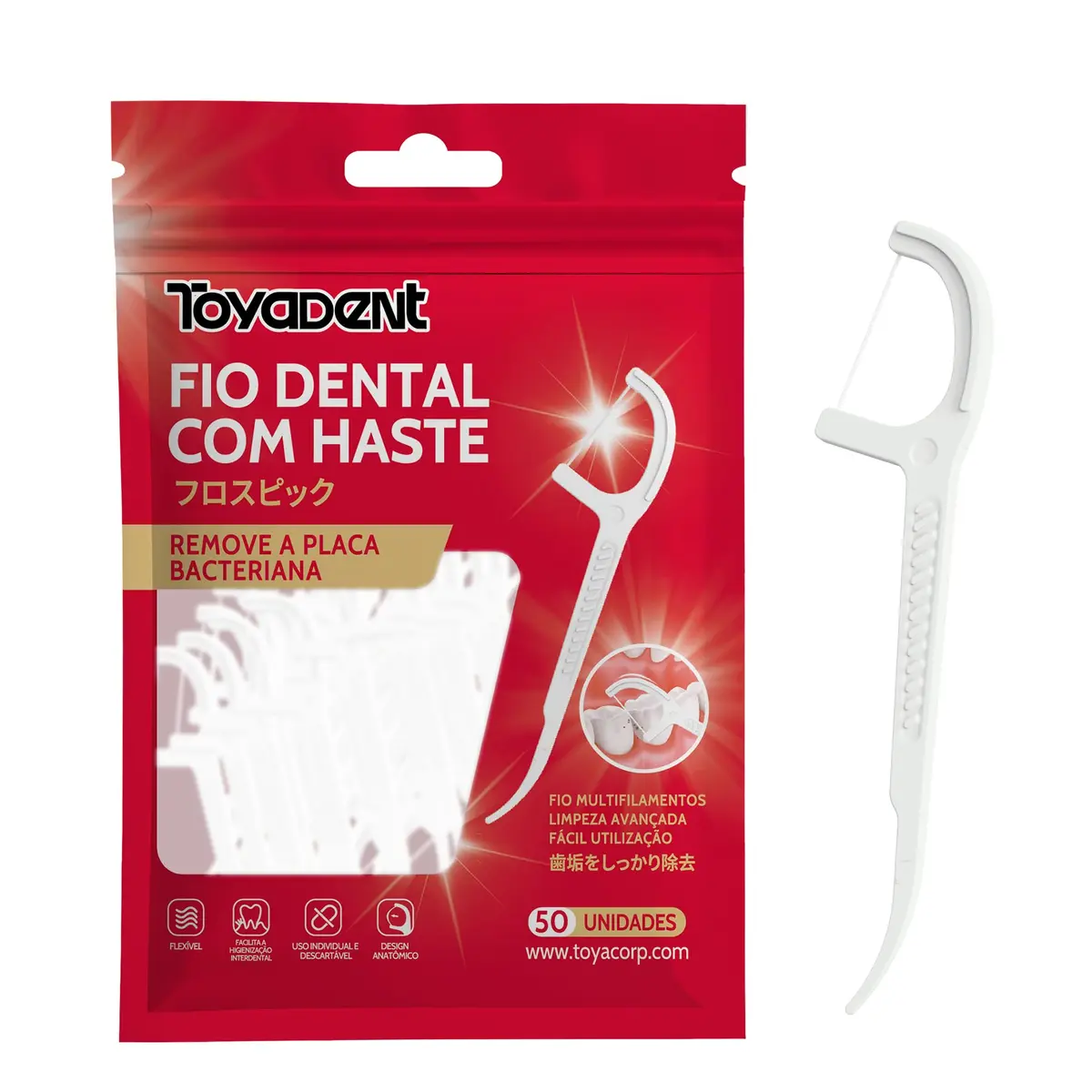 TOYADENT Fio Dental com Haste 50 Unidades | Limpeza Interdental Avançada, Remove Placa Bacteriana, Descartável, Flexível, Design Anatômico