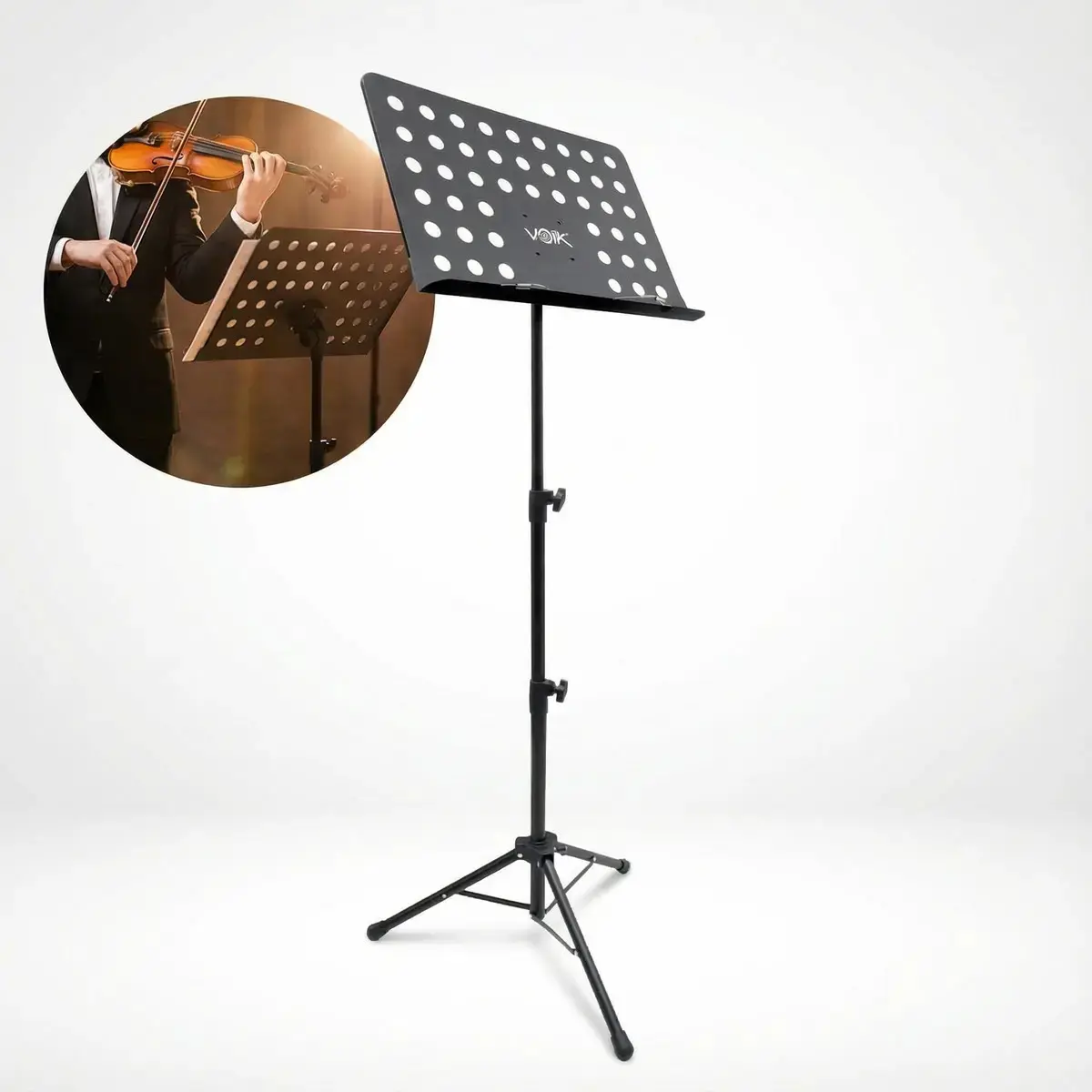 Estante Partitura Voik MS750 Suporte Pasta Musica Hinário Maestro Ajuste de Altura Reforçado Até 13kg Dobrável Antiderrapante Cor Preto
