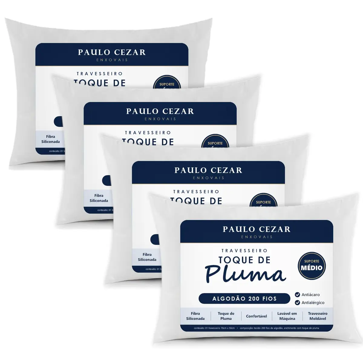 Kit 04 Travesseiro Toque de Pluma Premium 100% Algodão 200 Fios 50x70cm | Travesseiros em Tecido Percal, Antiácaro, Antialérgico, Lavável em Máquina, Hotel