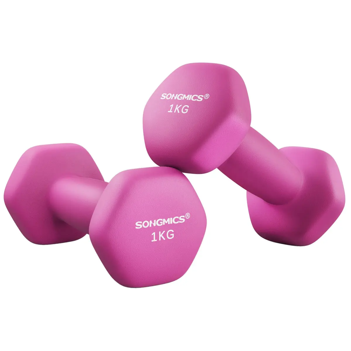 SONGMICS Conjunto de 2 Halteres Hexagonais, 2 x 1 kg | Pesos de Mão, com Revestimento de Neoprene, Exercício de Treino em Casa, Rosa, Coleção STEFAN BRSYL902P01