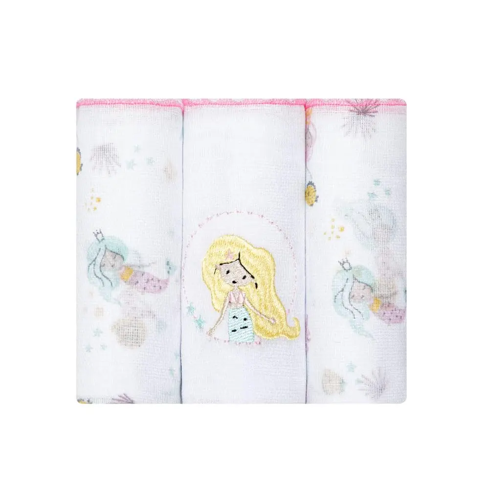 Fralda Pano de Bebê Papizinha Bordada e Estampada 63 cm x 63 cm Pacote com 3 Unidades, Sereia