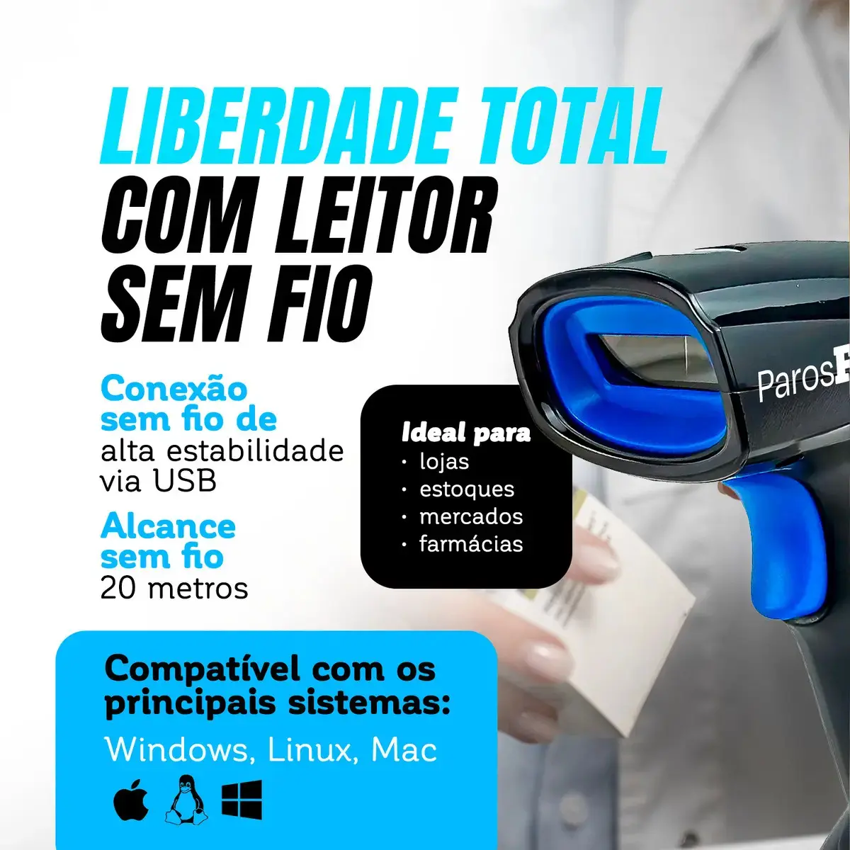 Leitor Código De Barras Sem Fio Usb De Mão Bar Code Scanner 1d Laser Linear Cor Preto thumbnail 2