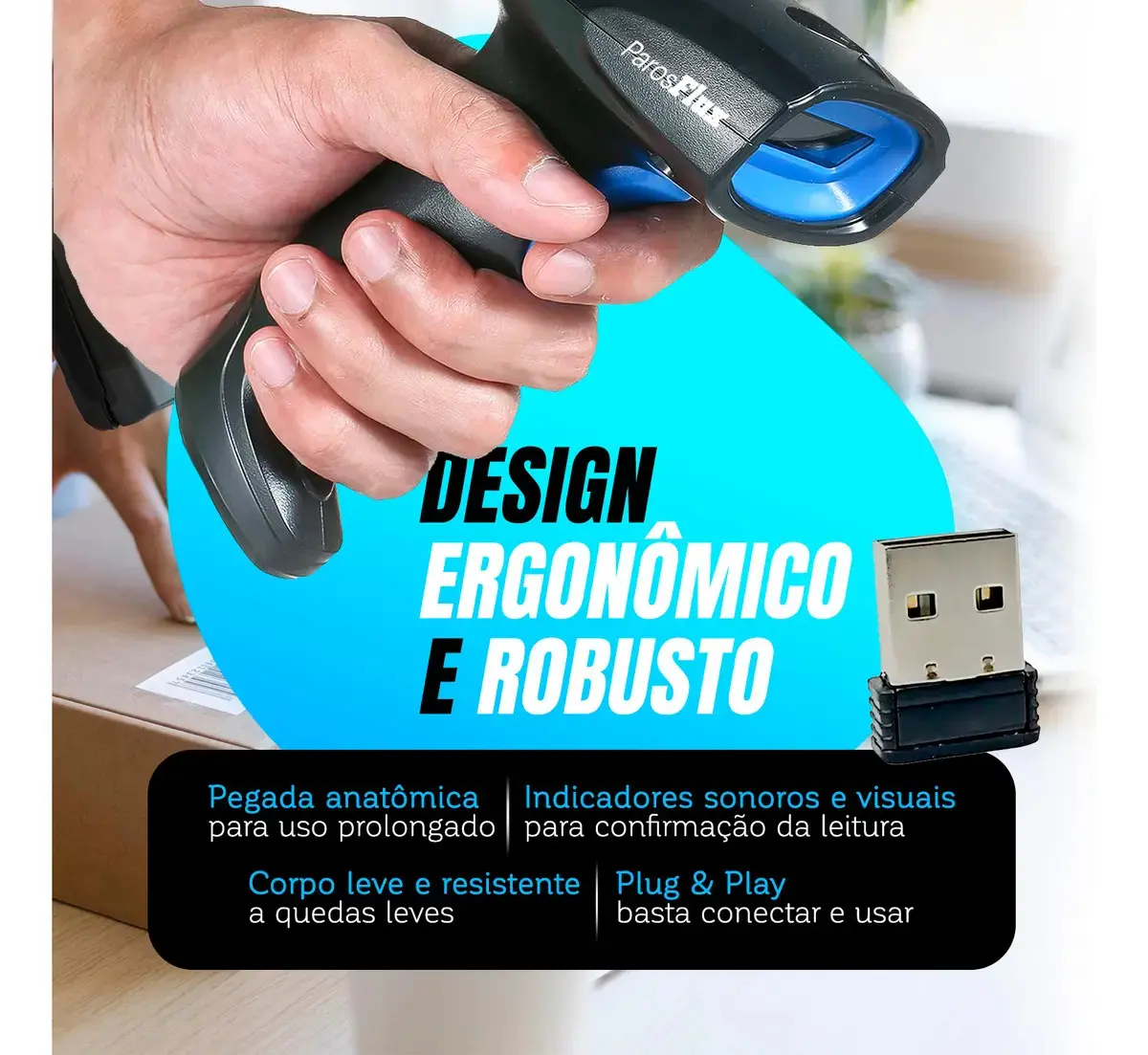 Leitor Código De Barras Sem Fio Usb De Mão Bar Code Scanner 1d Laser Linear Cor Preto thumbnail 4