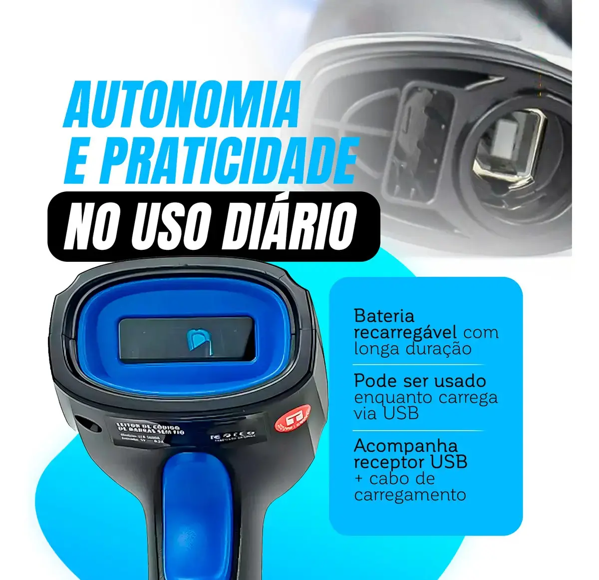 Leitor Código De Barras Sem Fio Usb De Mão Bar Code Scanner 1d Laser Linear Cor Preto thumbnail 5
