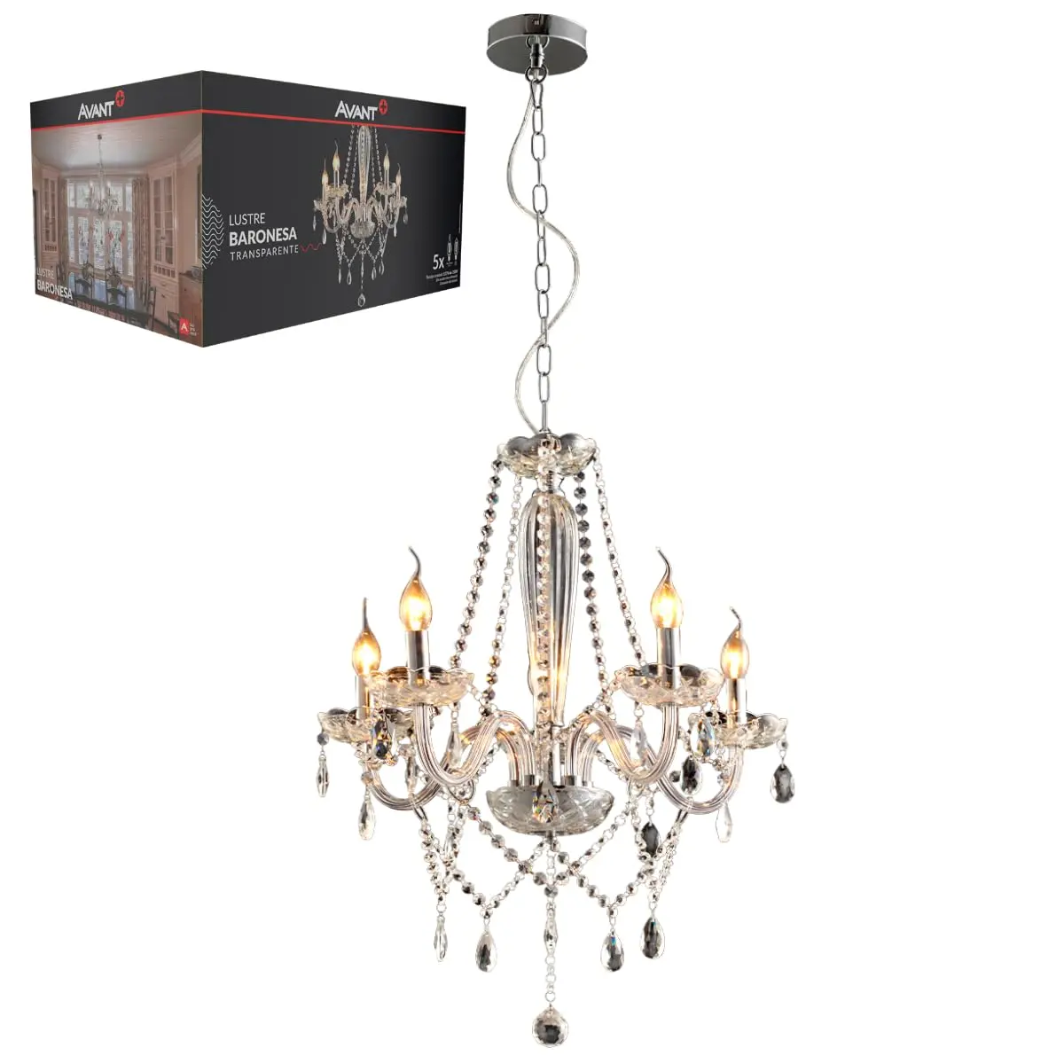 AVANT 785050072 Lustre Baronesa, Vidro, Tr, 5 X E14. Can, Cromo