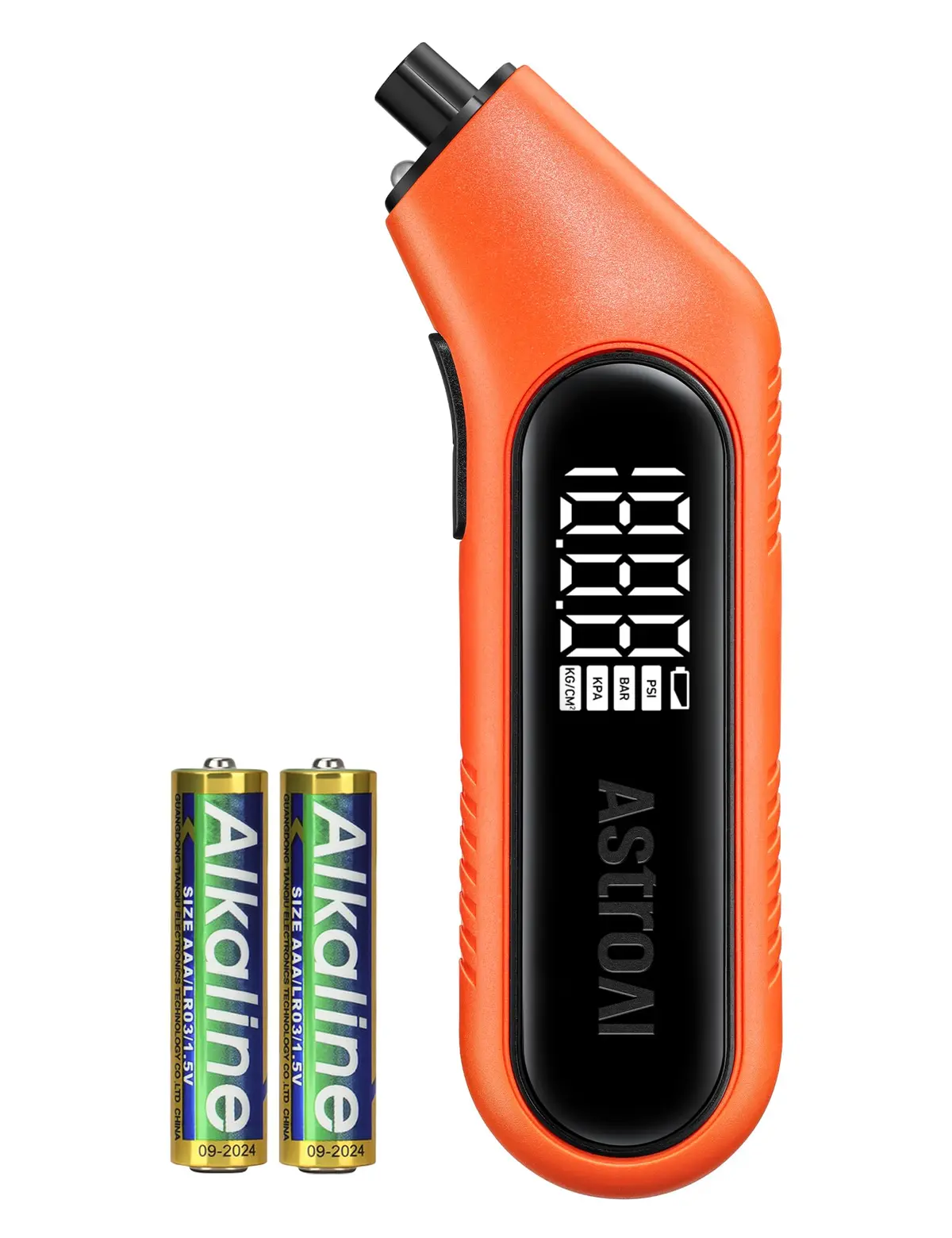 AstroAI Medidor Digital de Pressão de Pneu 300 PSI | para Carro, Moto e Bicicleta, com Luz de Fundo e Lanterna, Precisão 0,5%, Adaptador Presta Incluso, Pilhas AAA, Laranja