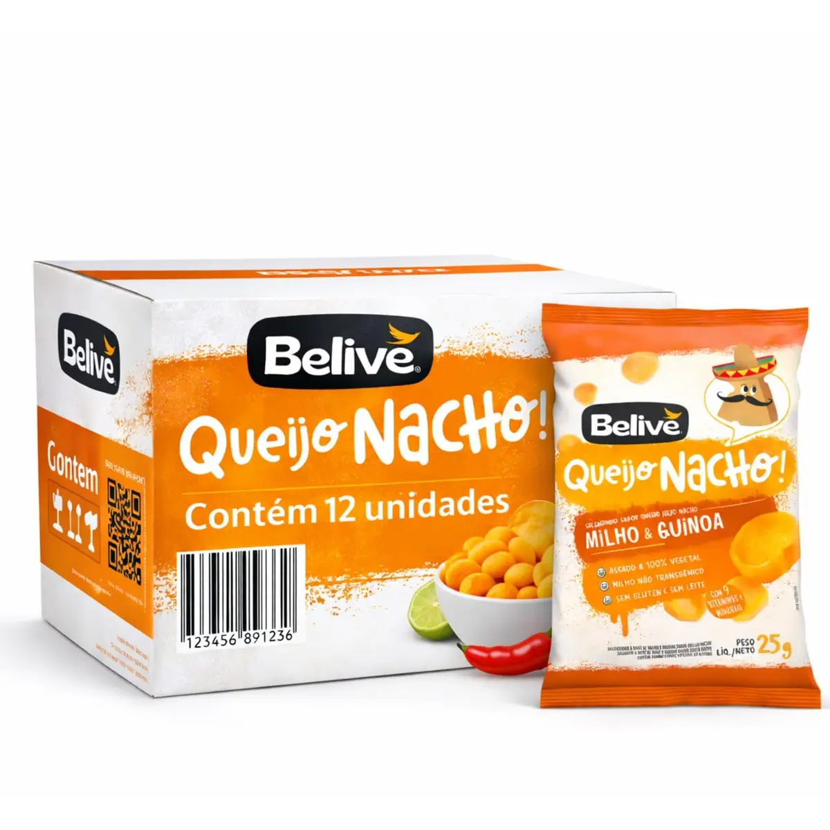 Kit Salgadinho BELIVE Sem Glúten Queijo Nacho 25g c/12 pacotes – Snack Assado, Crocante e Sabor Intenso - 1