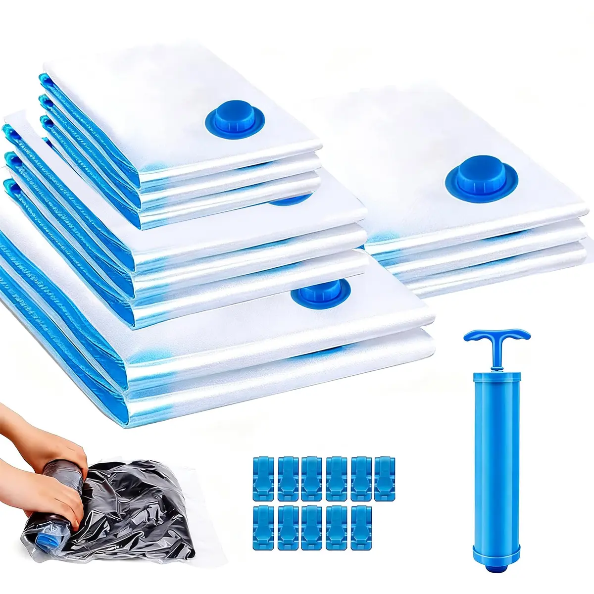 Kit 12 Saco Vacuo com Bomba Manual Reutilizável Resistente Saco Vacuo Bag Viagem para Roupa Cama Equipamentos Viagem, 3S+3M+3L+2XL