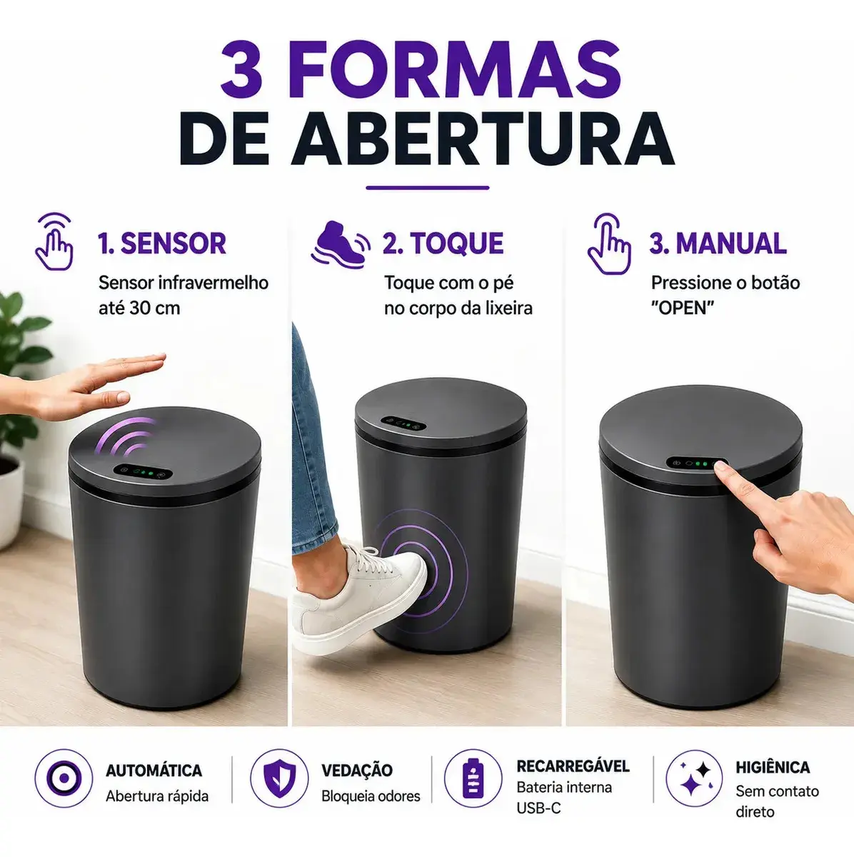 Lixeira Automática Redonda Cinza Escuro com Sensor Infravermelho e USB Recarregável, 16L para Casa/Escritório thumbnail 2