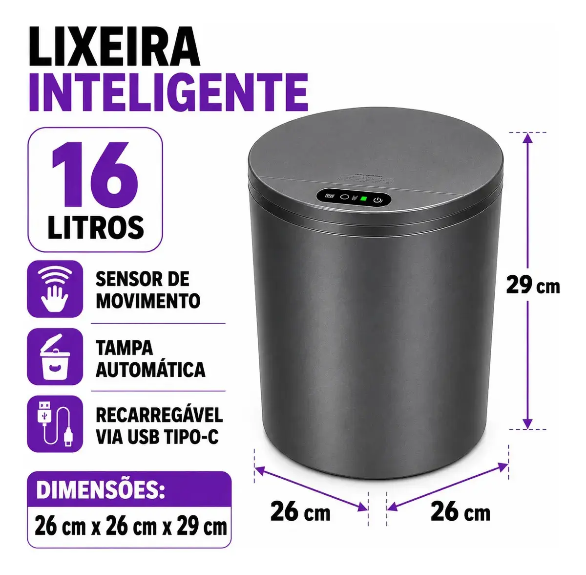 Lixeira Automática Redonda Cinza Escuro com Sensor Infravermelho e USB Recarregável, 16L para Casa/Escritório thumbnail 3