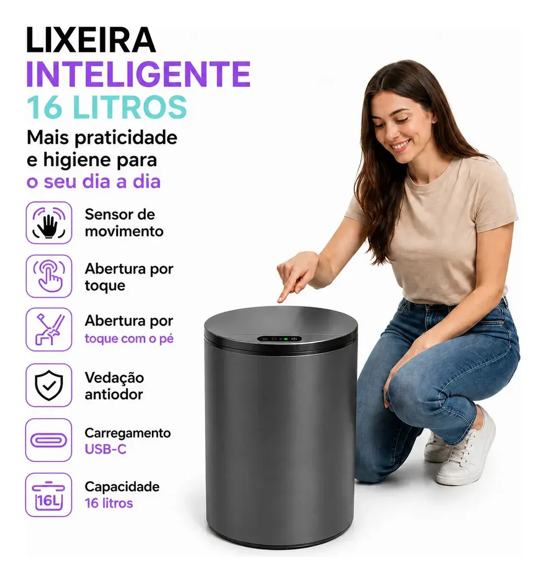 Lixeira Automática Redonda Cinza Escuro com Sensor Infravermelho e USB Recarregável, 16L para Casa/Escritório thumbnail 4