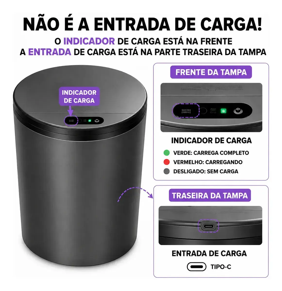 Lixeira Automática Redonda Cinza Escuro com Sensor Infravermelho e USB Recarregável, 16L para Casa/Escritório thumbnail 5