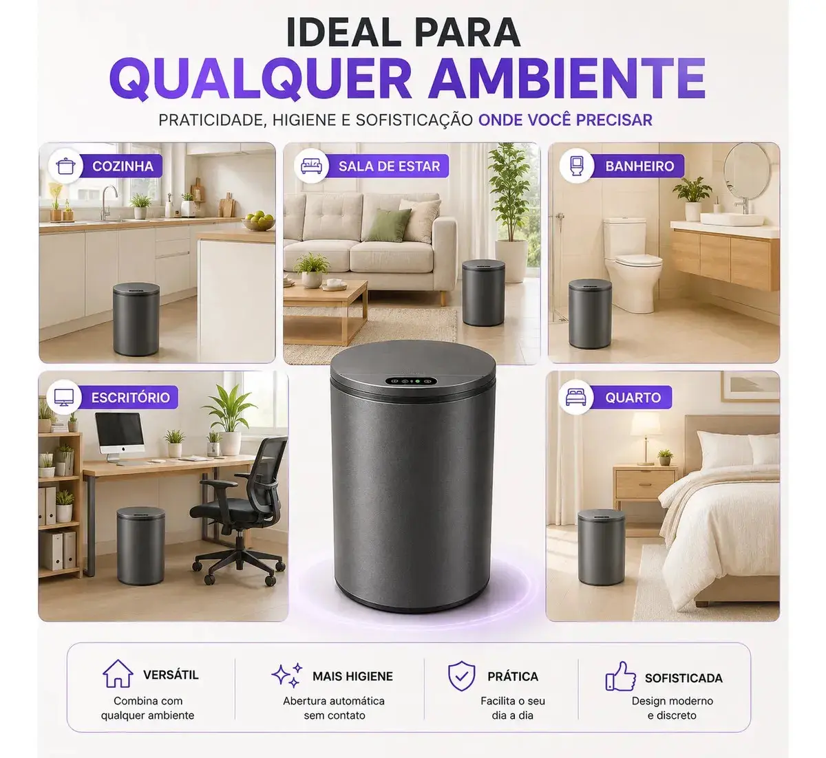 Lixeira Automática Redonda Cinza Escuro com Sensor Infravermelho e USB Recarregável, 16L para Casa/Escritório thumbnail 6