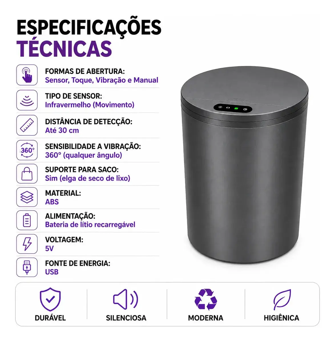 Lixeira Automática Redonda Cinza Escuro com Sensor Infravermelho e USB Recarregável, 16L para Casa/Escritório thumbnail 7