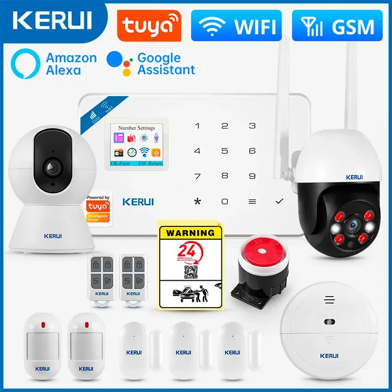 Kerui w181 sistema de alarme segurança casa wifi gsm alarme tuya inteligente detector movimento sensor porta assaltante câmera ip trabalho alexa google