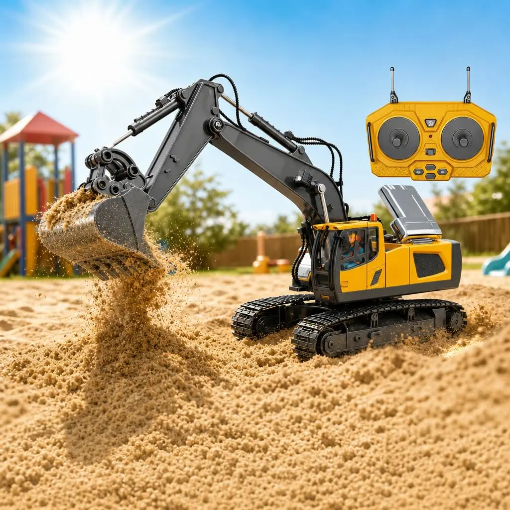 Escavadeira de Controle Remoto 2.4GHz Infantil USB Recarregável Escala 1:20 Brinquedo Educativo com Esteiras de Borracha Pá de Metal 50m Presente Meninos
