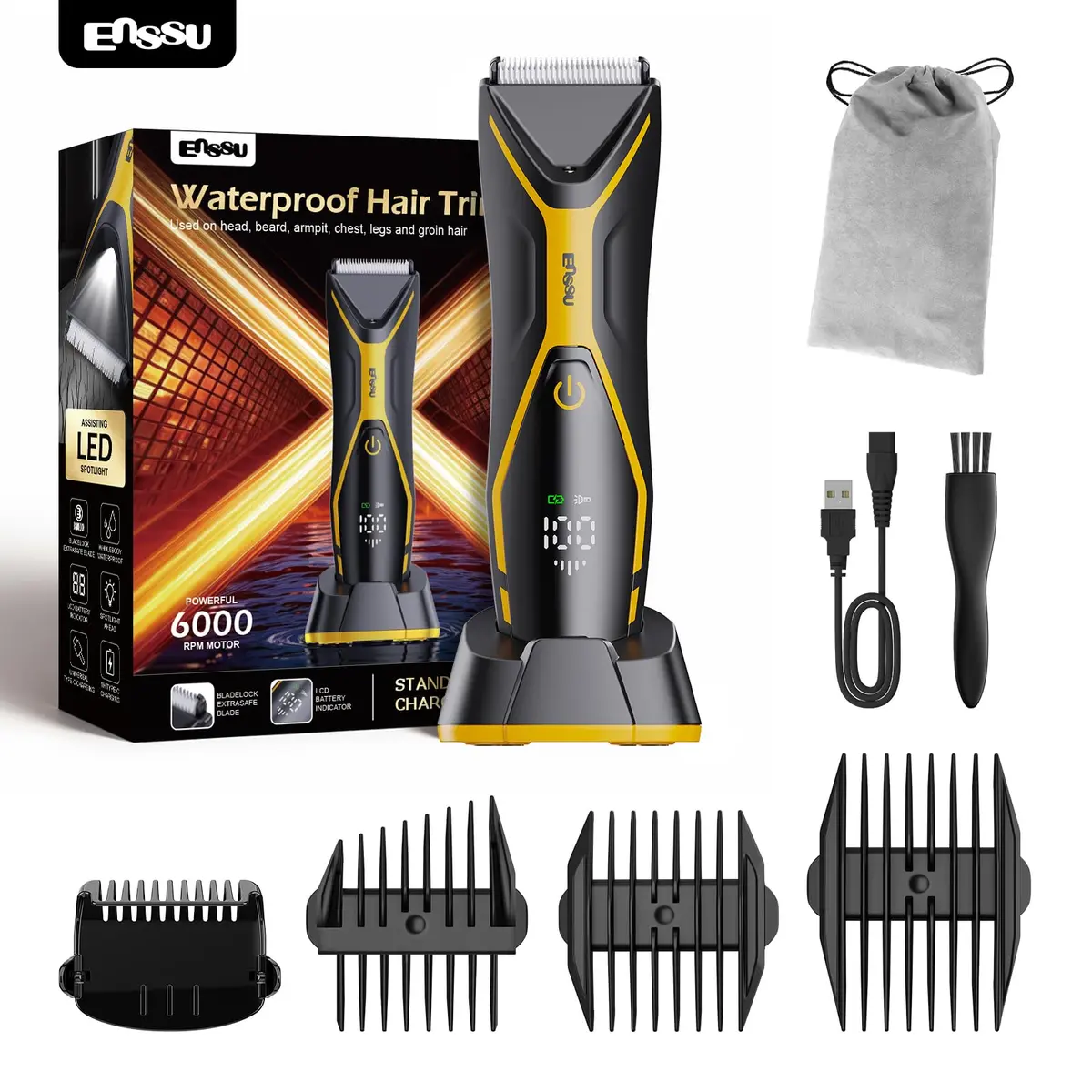 ENSSU Aparador de Pelos Masculino, Máquina de Barbear IPX7 com LED | Lâmina cerâmica, LED, visor digital, USB-C com base, 60 min de uso e 4 pentes para corpo, barba, cabelo e áreas íntimas