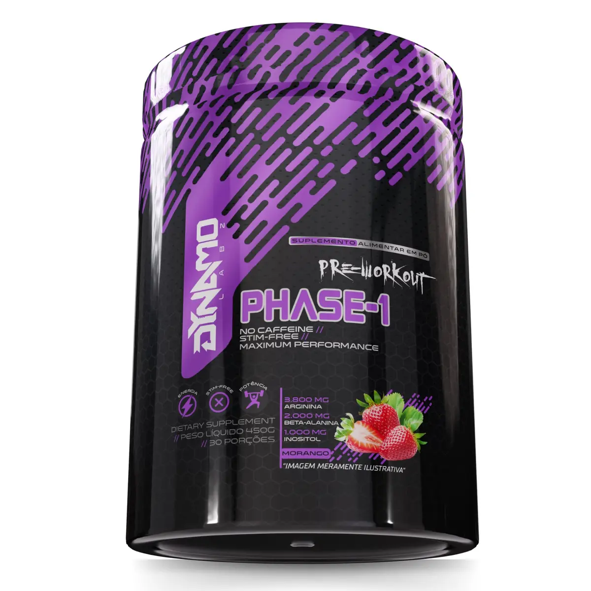 Phase-1 450g Pré Treino de Alta Performance Sem Cafeína Dynamo Labz (Grande, Morango)