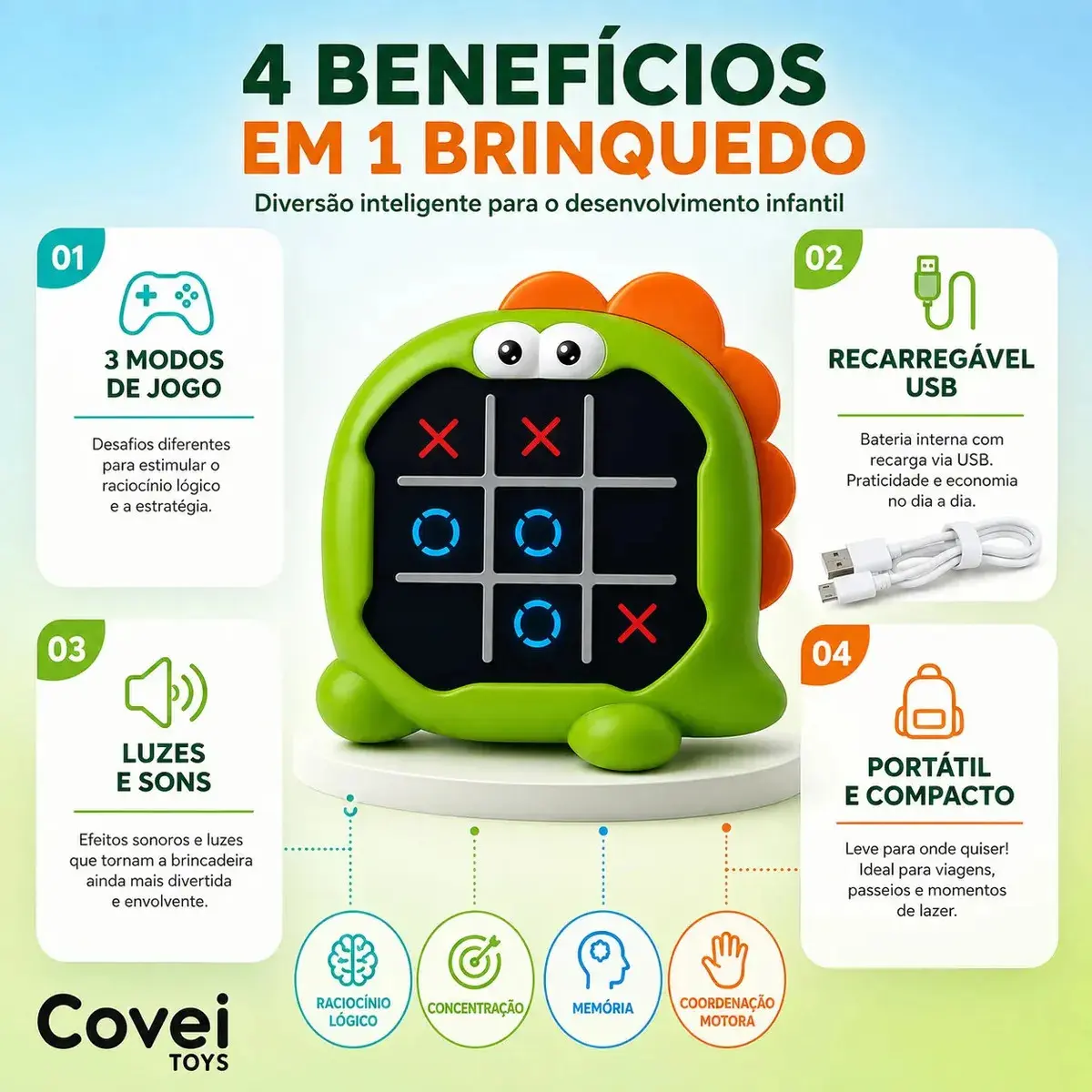 Brinquedo Jogo Da Velha Eletrônico Portátil Tic Tac Toe Puzzle 3 em 1 Game Recarregavel Usb Dinossauro Covei Toys